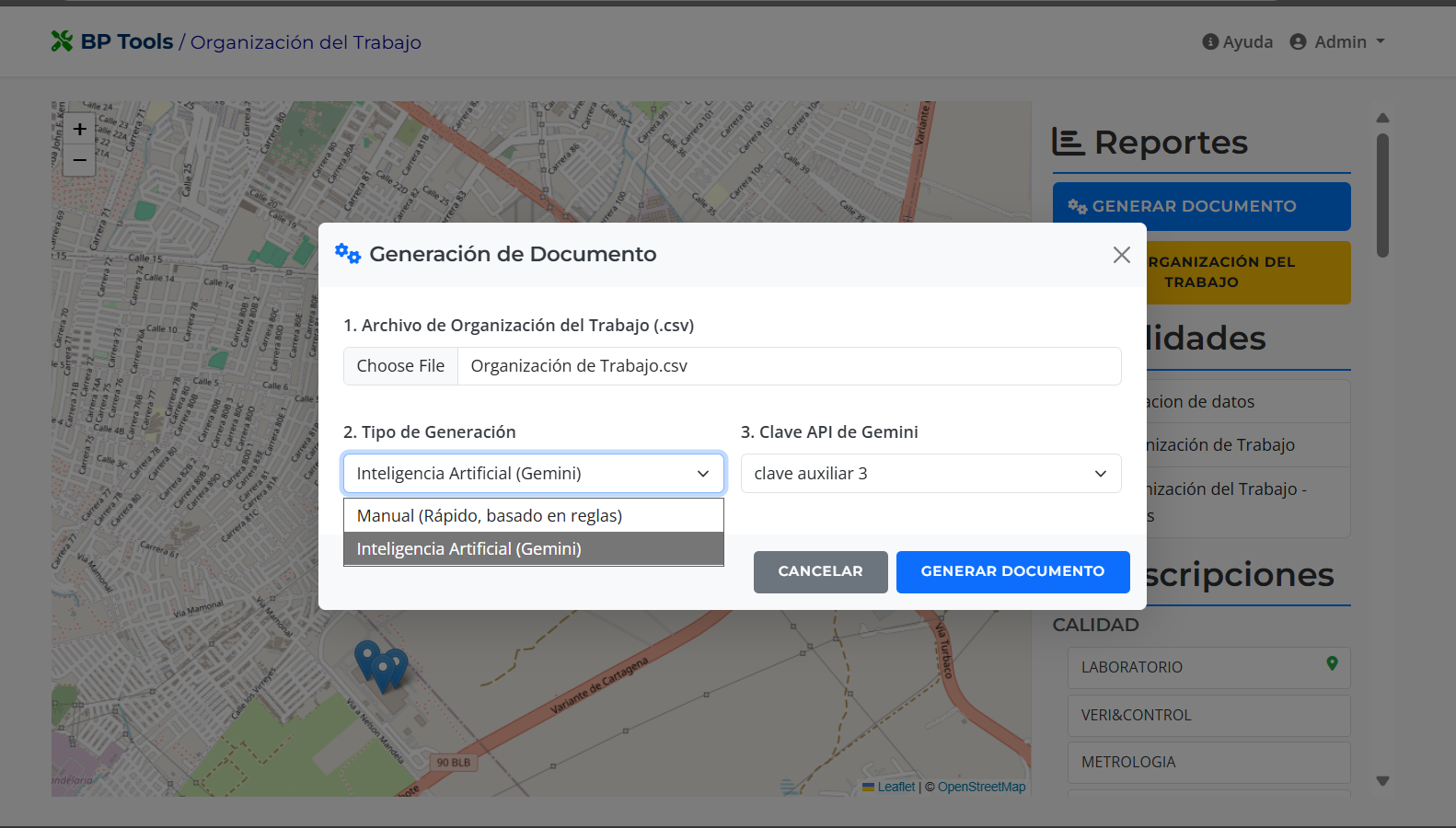 AI Generation Modal for Work Organization Documents - Completed View